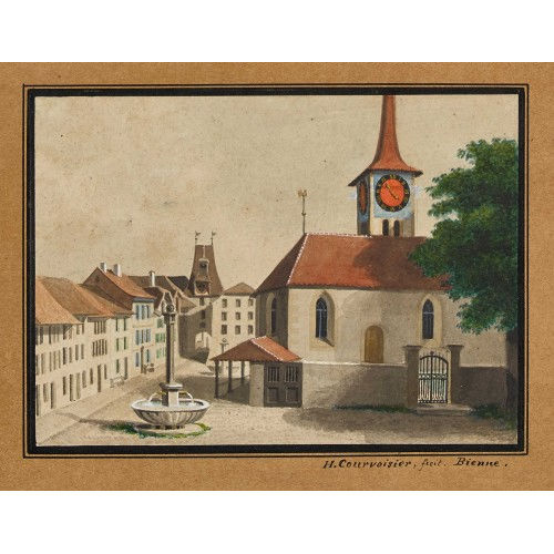HENRI COURVOISIER-VOISIN : Die Hauptstrasse von Nidau mit der St.-Erhard-Kirche (DOBIASCHOFSKY AUKTIONEN AG)