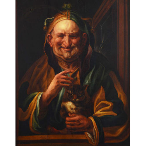 JACOB JORDAENS : Hofnarr und Katze im Fensterausschnitt (DOBIASCHOFSKY AUKTIONEN AG)