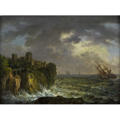 JOHANN KASPAR HUBER : St�rmische K�stenpartie mit Segelschiff (DOBIASCHOFSKY AUKTIONEN AG)