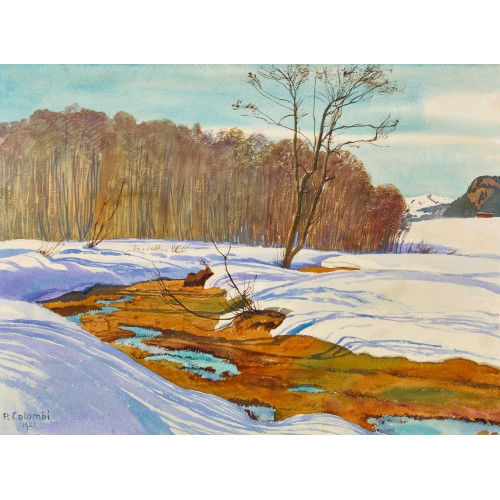 PLINIO COLOMBI : Sonnige Vorfr�hlingslandschaft mit Schneeschmelze (DOBIASCHOFSKY AUKTIONEN AG)