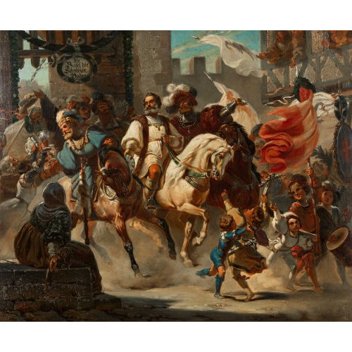 ALBERT LANDERER : Einzug der schweizerischen Gesandten zum Basler Bundesschwur, 1501 (DOBIASCHOFSKY AUKTIONEN AG)