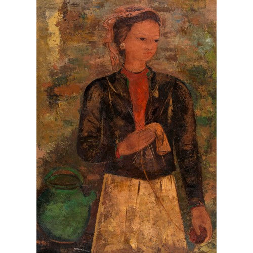 MARGHERITA OSSWALD-TOPPI : M�dchen mit Strickarbeit und Verenenkrug (DOBIASCHOFSKY AUKTIONEN AG)