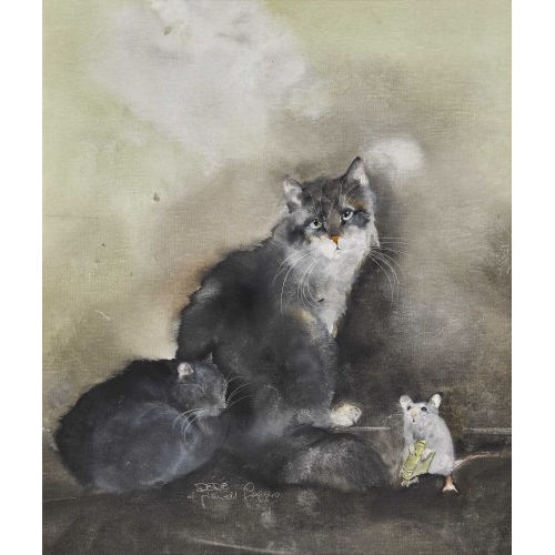 CARMEN D�D�) D�D� (EIGTL. MOSER-CASTELLI : Katzenpaar neben Maus mit Buch (DOBIASCHOFSKY AUKTIONEN AG)
