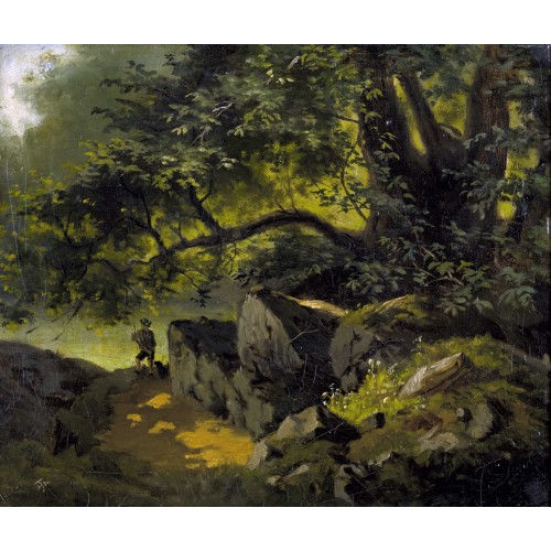 HANS THOMA : Baumlandschaft mit J�ger und Hund (DOBIASCHOFSKY AUKTIONEN AG)