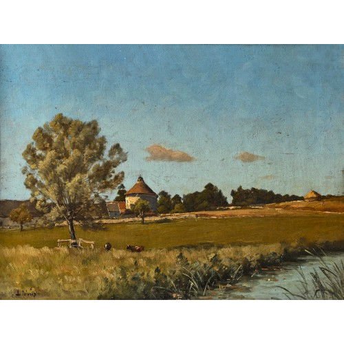 EUG�NE (GEN. LI�VIN GALIEN-LALOUE : Sommerliche Landschaft mit Bach und Dorf (DOBIASCHOFSKY AUKTIONEN AG)