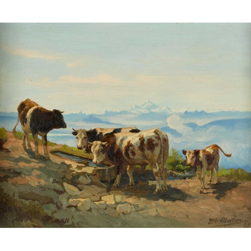 �DOUARD METTON : Sonnige Alp mit K�hen an der Tr�nke (DOBIASCHOFSKY AUKTIONEN AG)