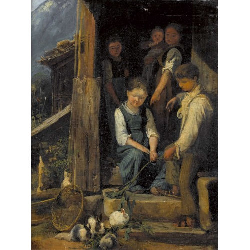 KARL GIRARDET : 'Enfants donnant � manger � des lapins' (DOBIASCHOFSKY AUKTIONEN AG)