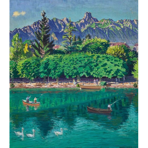 WALDEMAR THEOPHIL FINK : 'Morgen an der Aare in Thun mit Stockhorn' (DOBIASCHOFSKY AUKTIONEN AG)