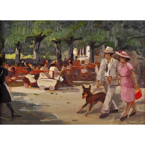 ROBERT BAUMBERGER : Sommerlicher Stadtpark mit Paar und Hund (DOBIASCHOFSKY AUKTIONEN AG)