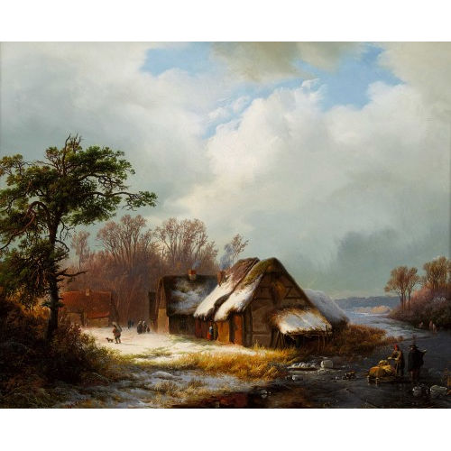 WILLEM BODEMAN : Winterlandschaft mit Reetdach-H�usern und vereistem Fluss (DOBIASCHOFSKY AUKTIONEN AG)