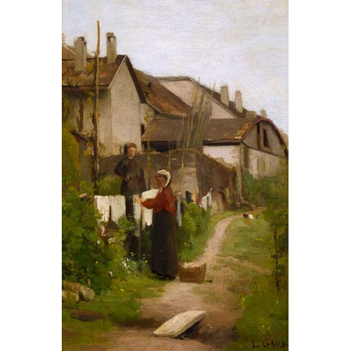 L�ON GAUD : Dorfpartie mit Frau beim H�ngen der W�sche (DOBIASCHOFSKY AUKTIONEN AG)