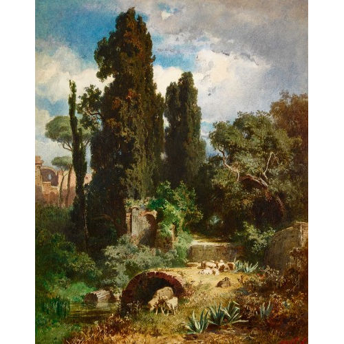 GUSTAV PAUL CLOSS : Idyllische Landschaft bei der Hadriansvilla mit Schafherde (DOBIASCHOFSKY AUKTIONEN AG)