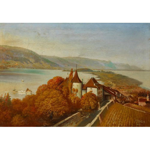 RUDOLF JOHANN WEISS : Blick auf den Bielersee mit der St. Petersinsel (DOBIASCHOFSKY AUKTIONEN AG)