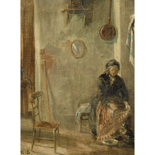 KARL GIRARDET : Interieur mit Grossmutter und Katze (DOBIASCHOFSKY AUKTIONEN AG)