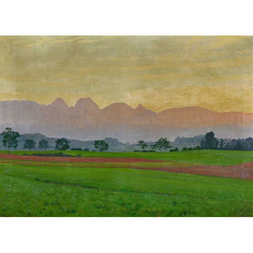 PLINIO COLOMBI : Feldlandschaft mit Gantrisch in der Abendsonne (DOBIASCHOFSKY AUKTIONEN AG)