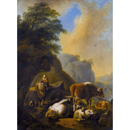 NICOLAES PIETERSZ. BERCHEM : Weidendes Vieh mit Hirtenpaar in felsiger Landschaft (DOBIASCHOFSKY AUKTIONEN AG)