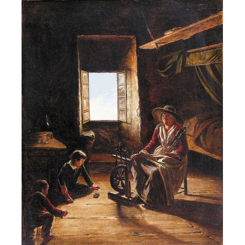 JOSEPH HORNUNG : Interieur mit betagter Spinnerin und spielenden Kindern (DOBIASCHOFSKY AUKTIONEN AG)