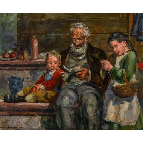 HANS GARTMEIER : Grossvater mit Enkeln beim Vorlesen (DOBIASCHOFSKY AUKTIONEN AG)
