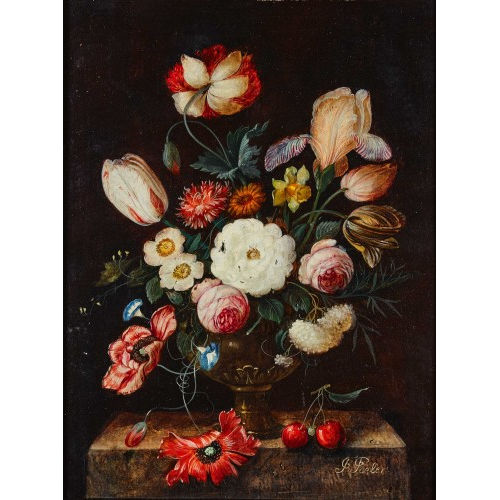 FRANZ XAVER PIELER : Stillleben mit Blumenstrauss und Kirschenpaar (DOBIASCHOFSKY AUKTIONEN AG)