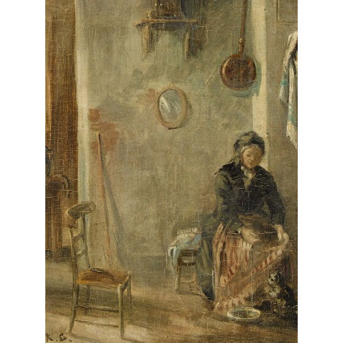 KARL GIRARDET : Interieur mit Grossmutter und Katze (DOBIASCHOFSKY AUKTIONEN AG)