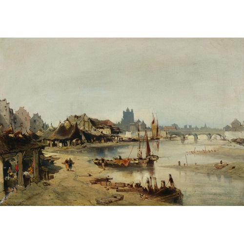 EUG�NE FRAN�OIS A. DESHAYES : 'Maisons de p�cheurs au bord d'une rivi�re' (DOBIASCHOFSKY AUKTIONEN AG)