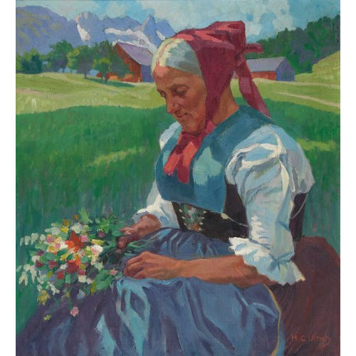 HANS CASPAR ULRICH : Trachtenfrau mit Blumenstrauss vor Alplandschaft (DOBIASCHOFSKY AUKTIONEN AG)