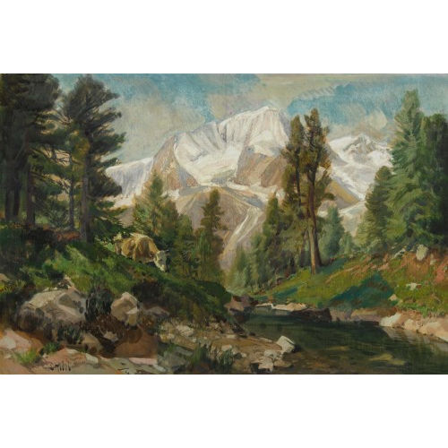 ERNST II HODEL : Gebirgsbach mit Khen und vergletscherter Bergkette (DOBIASCHOFSKY AUKTIONEN AG)