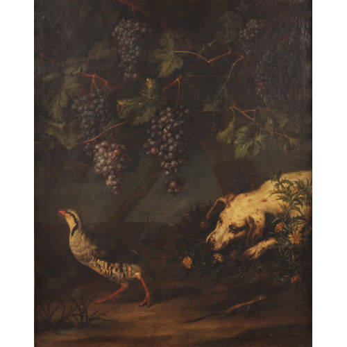PAOLO ANTONIO BARBIERI : Lauernder Jagdhund mit Steinhuhn und Eidechse (DOBIASCHOFSKY AUKTIONEN AG)