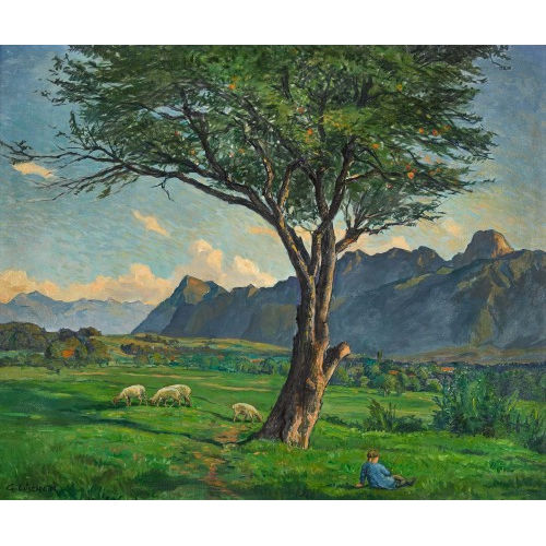 GOTTFRIED L�SCHER : Berglandschaft mit Hirtenm�dchen und Schafen (DOBIASCHOFSKY AUKTIONEN AG)
