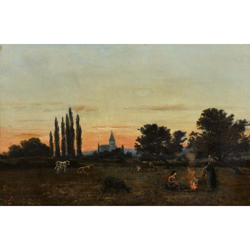ALBERT DE MEURON : Landschaft im Abendrot mit B�uerinnen am Lagerfeuer (DOBIASCHOFSKY AUKTIONEN AG)