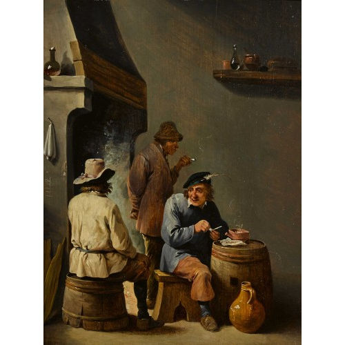 DAVID II TENIERS : Rauchendes Bauerntrio in Interieur mit Kamin (DOBIASCHOFSKY AUKTIONEN AG)