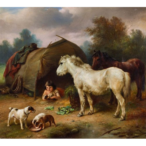 WALTER HUNT : Mdchen, Pferde und Hundewelpen vor einem Zelt (DOBIASCHOFSKY AUKTIONEN AG)
