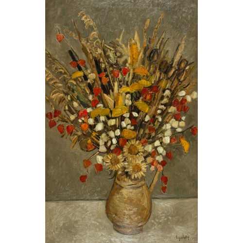 ROGER KATHY : Trockenblumenstrauss in Henkelvase (DOBIASCHOFSKY AUKTIONEN AG)