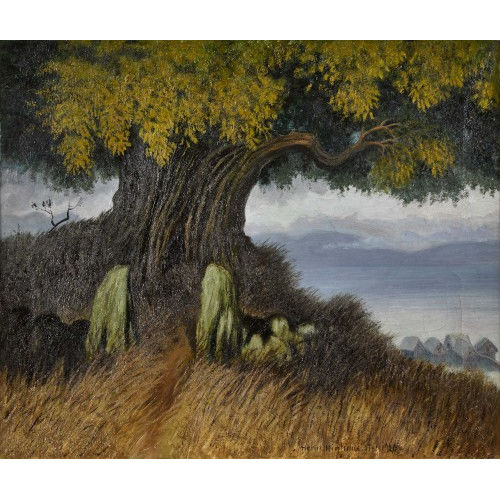 HENRY HINTERMEISTER : M�chtiger Baum am Ufer mit Blick auf eine Pfahlbaugruppe (DOBIASCHOFSKY AUKTIONEN AG)