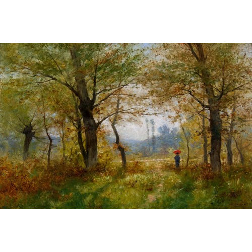 GUSTAVE EUG�NE CASTAN : Dame mit rotem Schirm im sonnigen Wald (DOBIASCHOFSKY AUKTIONEN AG)