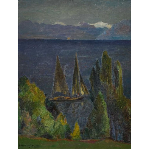 JACQUES �LIE ABRAHAM HERMANJAT : 'Lac avec une grande barque de Meillerie' (DOBIASCHOFSKY AUKTIONEN AG)
