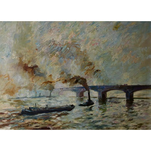 HEINRICH (AUCH HEUSSER HEUSSER : Dampfer und Frachtschiff vor einer Flussbr�cke (DOBIASCHOFSKY AUKTIONEN AG)