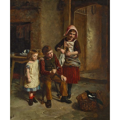 WILLIAM HEMSLEY : K�cheninterieur mit Kindertrio und Elster (DOBIASCHOFSKY AUKTIONEN AG)