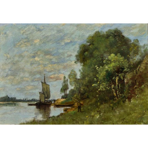 PAUL DSIR TROUILLEBERT : Bord de rivire avec un bateau  voiles (DOBIASCHOFSKY AUKTIONEN AG)