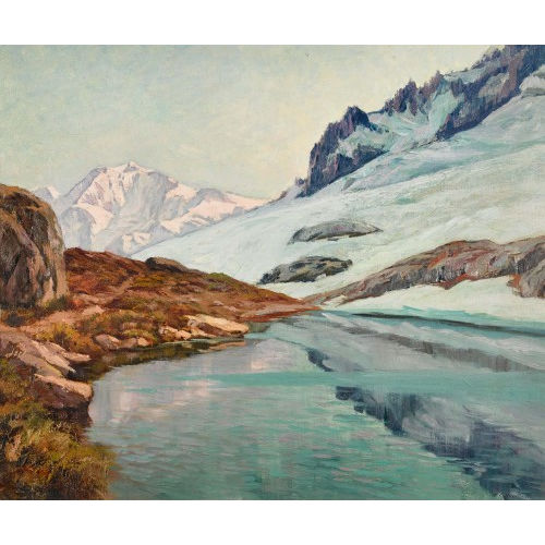 HENRI �DOUARD HUGUENIN-VIRCHAUX : Berglandschaft mit See im Abendlicht (DOBIASCHOFSKY AUKTIONEN AG)