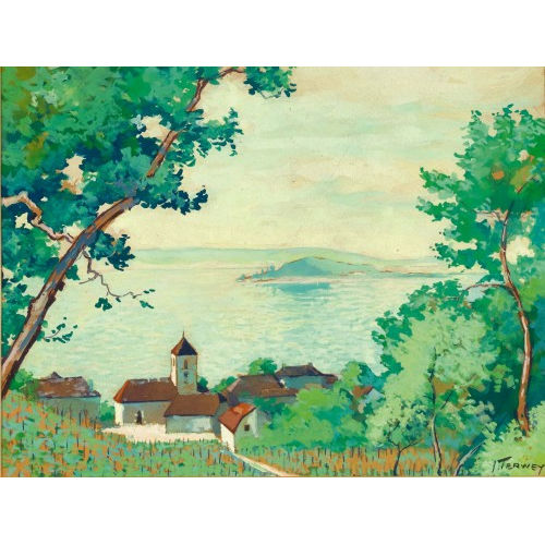 JAN PIETER TERWEY : Blick auf Twann und die St. Petersinsel (DOBIASCHOFSKY AUKTIONEN AG)