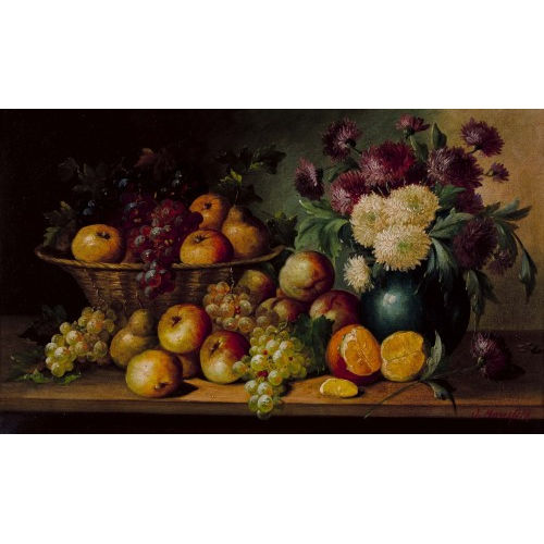 JOSEF MANSFELD : Herbststillleben mit Fr�chten und Chrysanthemen (DOBIASCHOFSKY AUKTIONEN AG)