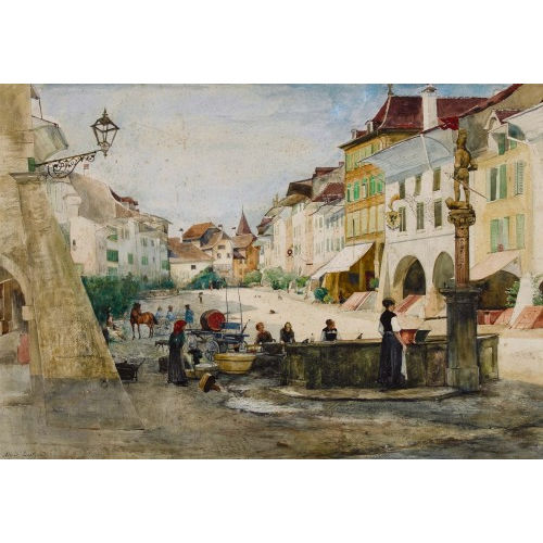 ALFRED-HENRI BERTHOUD : Brunnen an der Hauptgasse in Murten mit Blick gegen das R�benloch (DOBIASCHOFSKY AUKTIONEN AG)