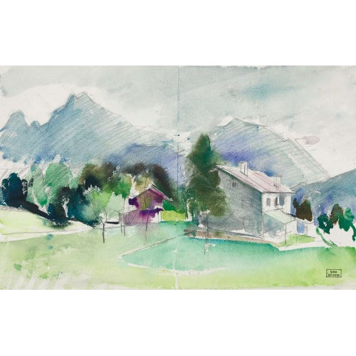 HANS ROHNER : Landschaftspartie mit H�usern und Bergen (DOBIASCHOFSKY AUKTIONEN AG)