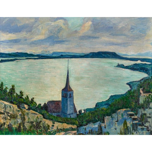 ERNST SAMUEL GEIGER : Blick auf die Ligerzer Kirche und den Bielersee (DOBIASCHOFSKY AUKTIONEN AG)