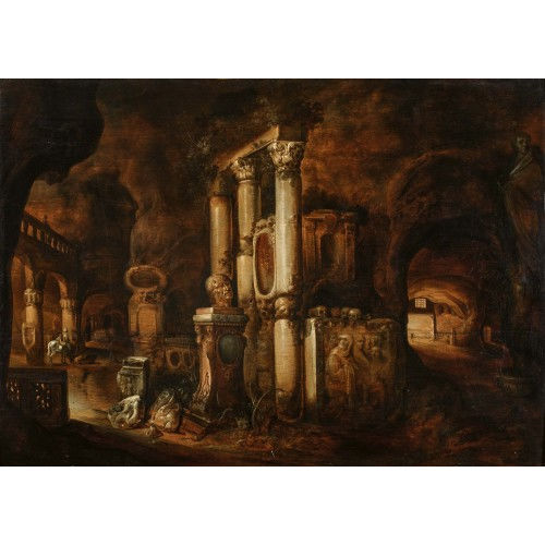 CHARLES CORNELISZ. DE HOOCH : R�misches Grotteninterieur mit antiken Versatzst�cken und Totensch�deln (DOBIASCHOFSKY AUKTIONEN AG)