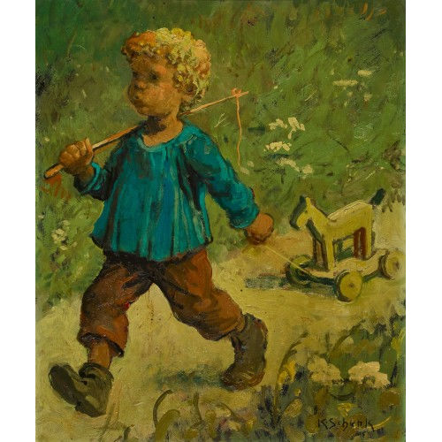 KARL SCHENK : Kleiner Wandersmann mit Spielzeugpferd (DOBIASCHOFSKY AUKTIONEN AG)