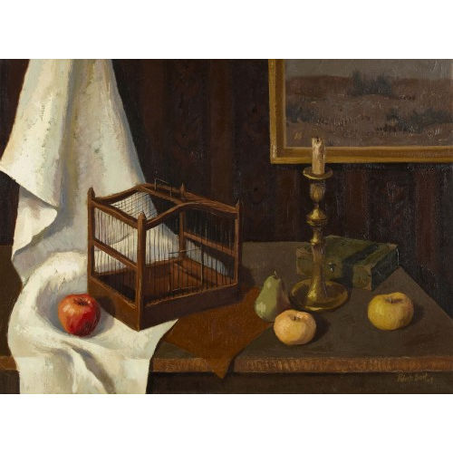 ROBERTO BORT : Stillleben mit Vogelk�fig, Kernobst und Kerzenstock (DOBIASCHOFSKY AUKTIONEN AG)