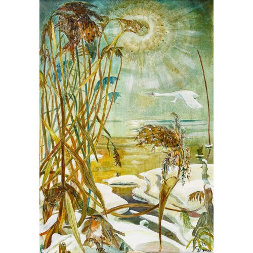 JOHANNES DIEM : Winterliche Seeuferpartie mit fliegendem Schwan (DOBIASCHOFSKY AUKTIONEN AG)
