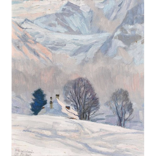 HANS BEAT WIELAND : Blick auf die Fiescherwand bei Grindelwald mit Pfarrhaus (DOBIASCHOFSKY AUKTIONEN AG)